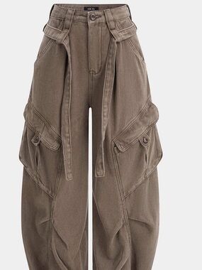 Micas Olive Brown High-Waist Cargo Pants - Wide Leg Jean